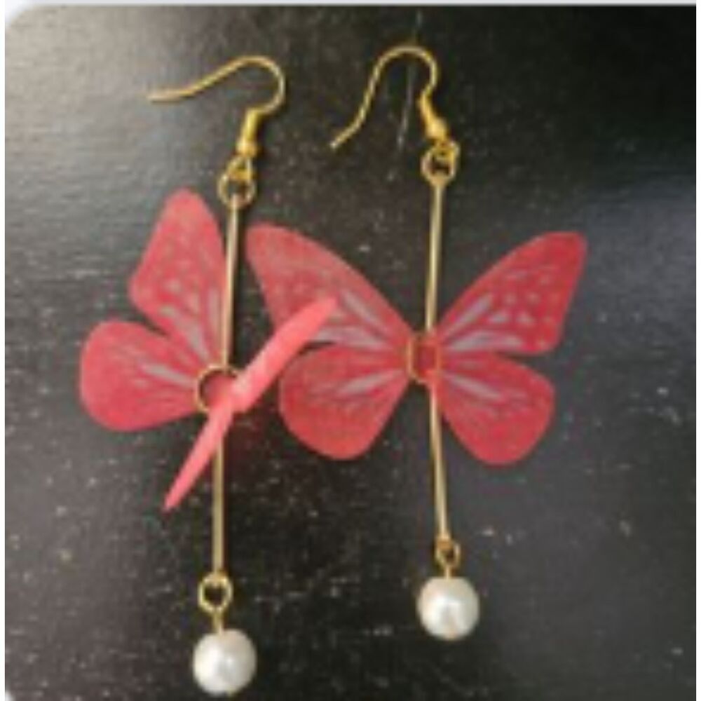 Red Sheer 2.5" Dangle Earrings Set in Gold Plating, Never Worn